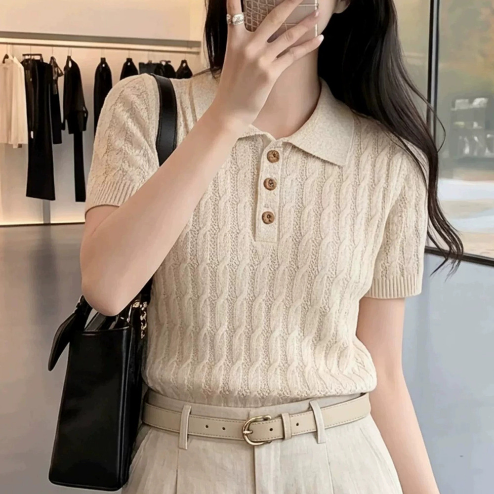 ZARA Korean Dongdaemun Style Womens Cable Knit Short Sleeve Youthful Top